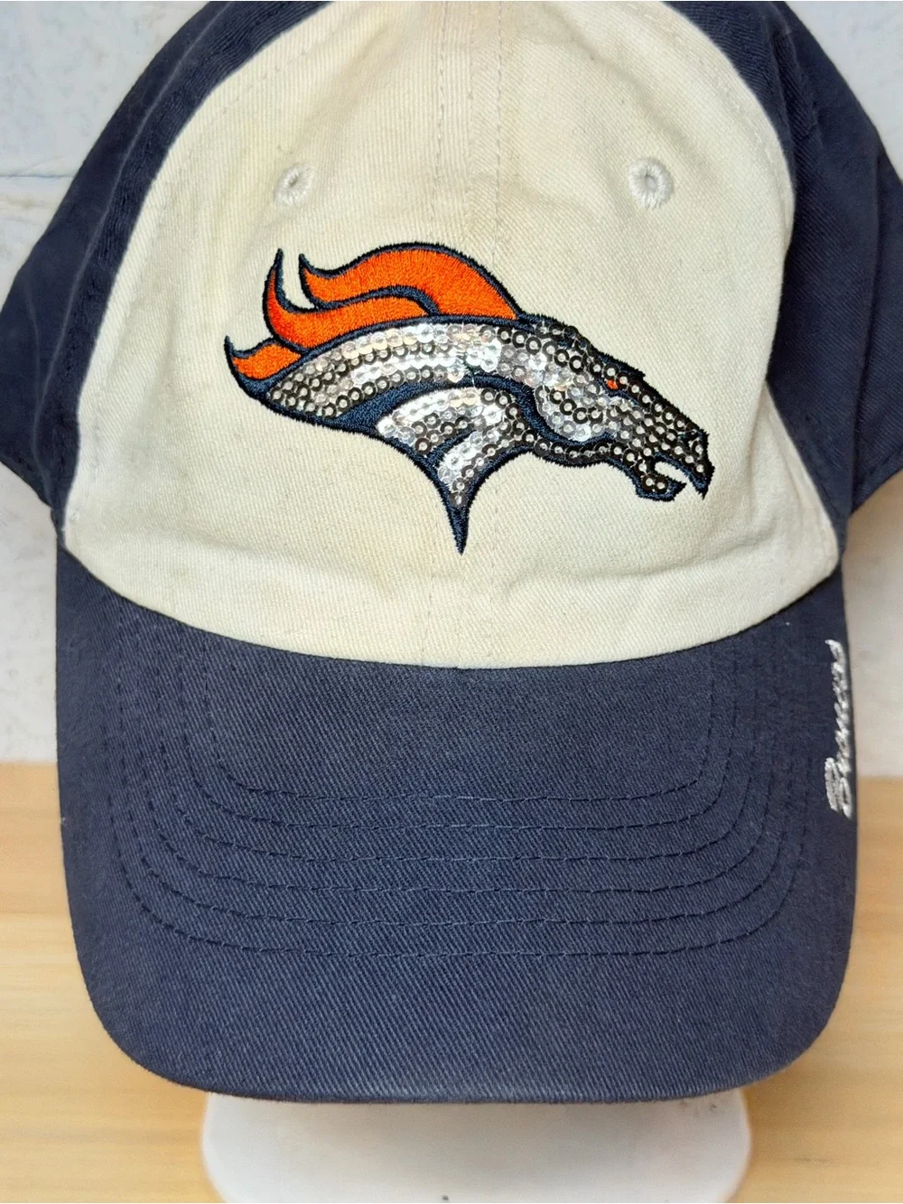 NFL Denver Broncos Two-Tone Embroidered Cap in Navy, White & Orange Sequins